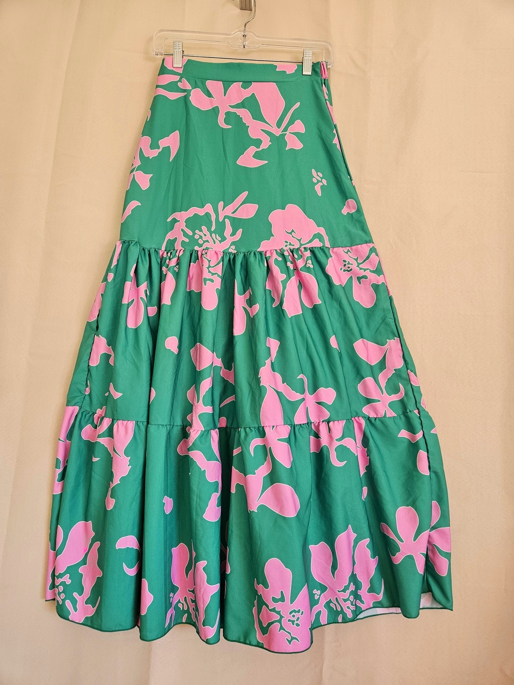 High-Waist Green and Pink Floral Tiered Maxi Skirt